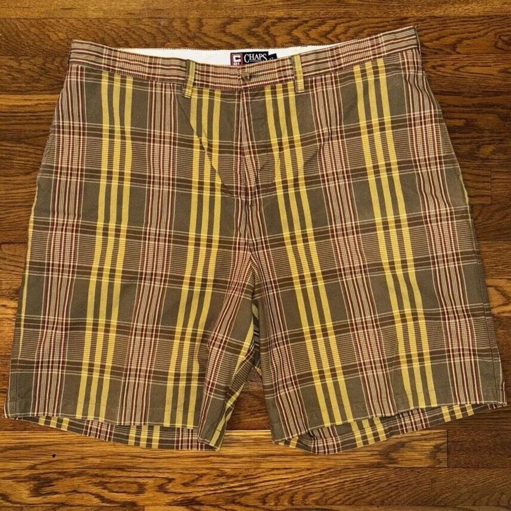 VTG Ralph Lauren Chaps Mens 42 9" Shorts Button Fly Tan Yellow Red Plaid Preppy‎